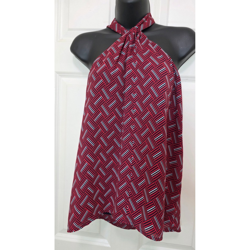 Banana Republic Halter Top Womens Medium Red Blue Geometric Twist Neck Blouse‎